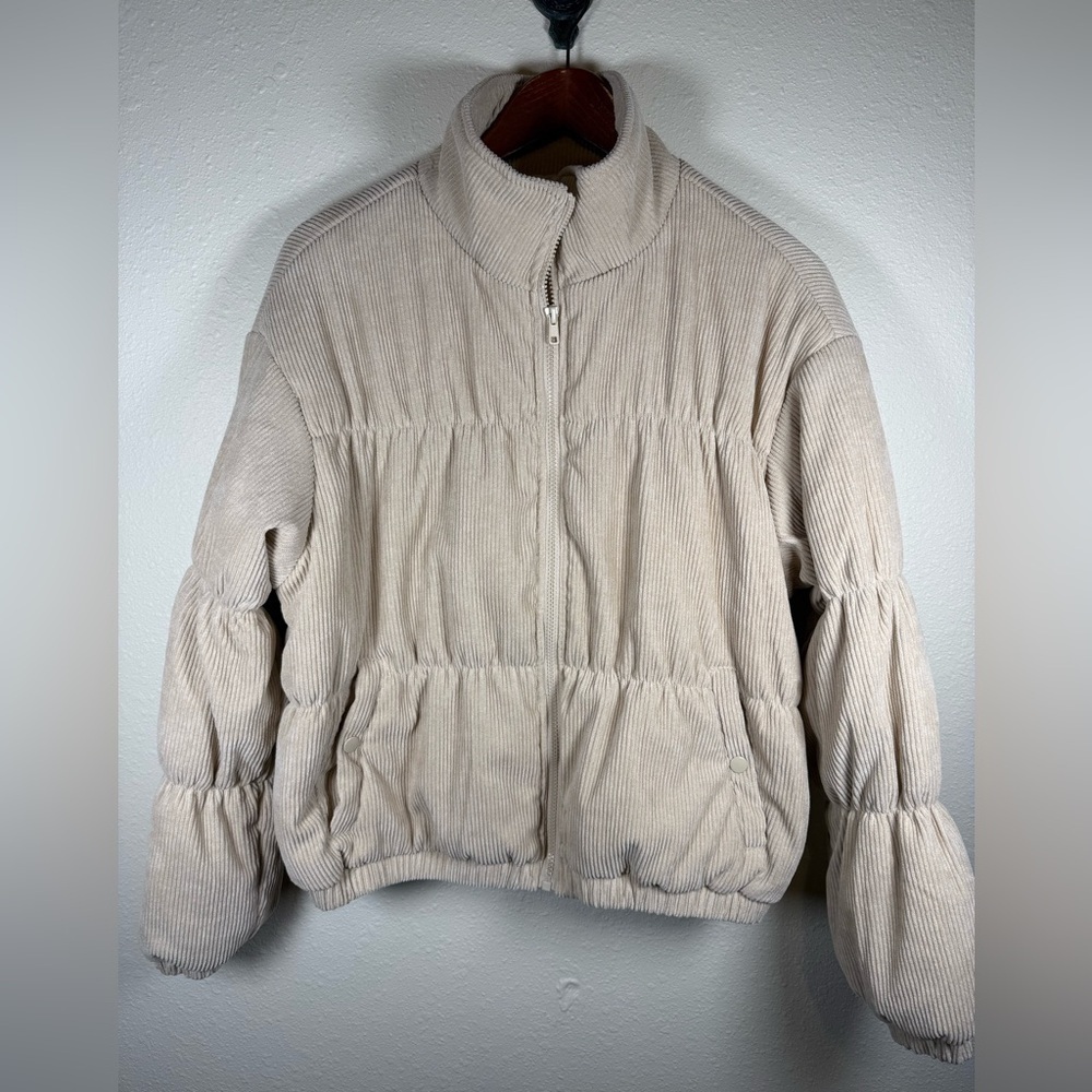 Wishlist Minimalist Normcore Chic Tan Corduroy High Neck Puffer Jacket M/L